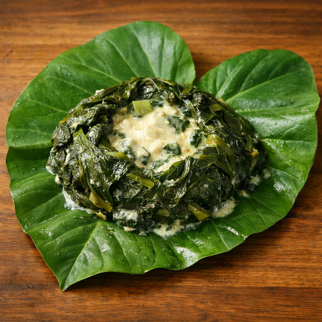 Palusami on a taro leaf