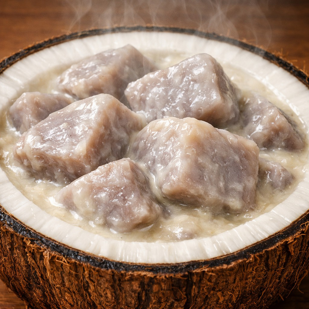 Taro and coconut cream in coconut shell